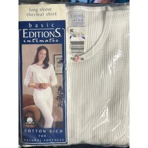 VTG 1990s Basic Editions White Thermal Waffle Knit Crew Cotton Top Sz L